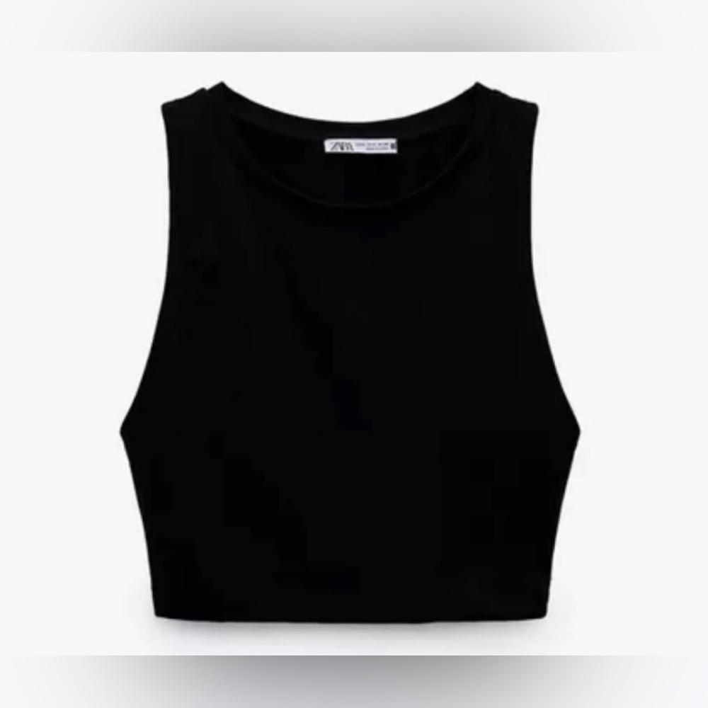 Zara Classic Black Basic Cotton Crop Minimalist Layering Top Women’s Size M